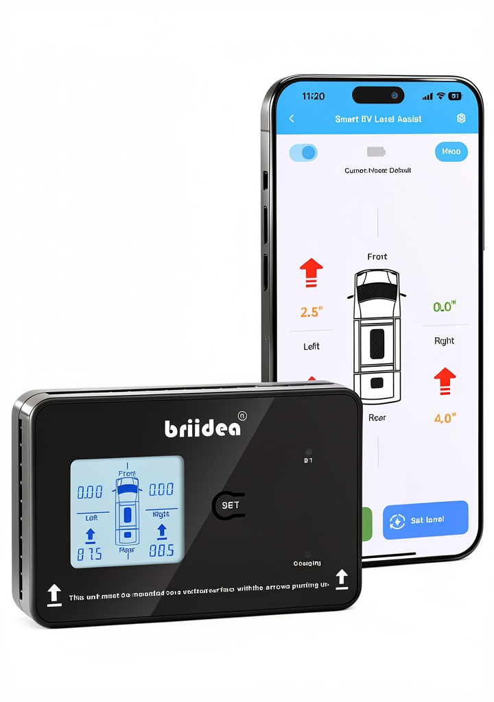 User leveling an RV with the briidea LD-192 and smartphone app