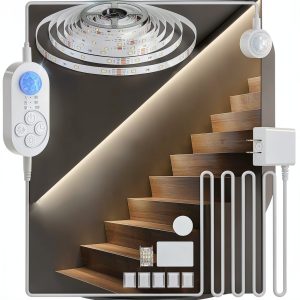 Dual Sensor Stair Light Strip, Double Motion Activated Sensor LED Strip Light for Stairway (Power Adapter (16.4FT Cable), Warm White 3000K (16.4FT White Light Strip))-0