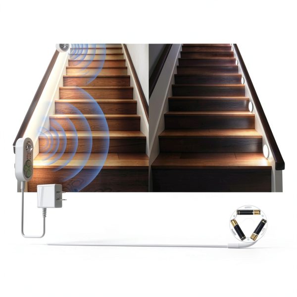 Dual Sensor Stair Lights Indoor, Motion Activated Plug-in Step Light Strip Indoor with Dimmer, Delay Timer for Stairway (Warm White 3000K (16.4FT Light Strip), Power Adapter (9.84FT Cable))-5
