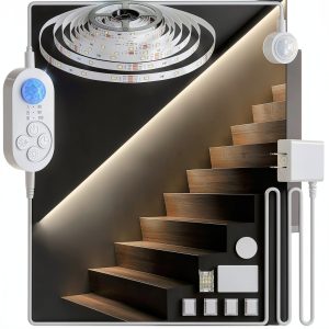 Dual Sensor Stair Lights Indoor, Motion Activated Plug-in Step Light Strip Indoor with Dimmer, Delay Timer for Stairway (Warm White 3000K (16.4FT Light Strip), Power Adapter (9.84FT Cable))-0
