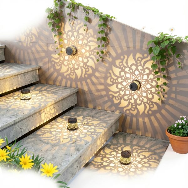 Solar Fence Lights 2 Pack Outdoor Deck Step Wall Lights Metal Waterproof LED Warm Yellow Light for Garden Post Patio Backyard Yard Decor (Mandala-2, 2)-2