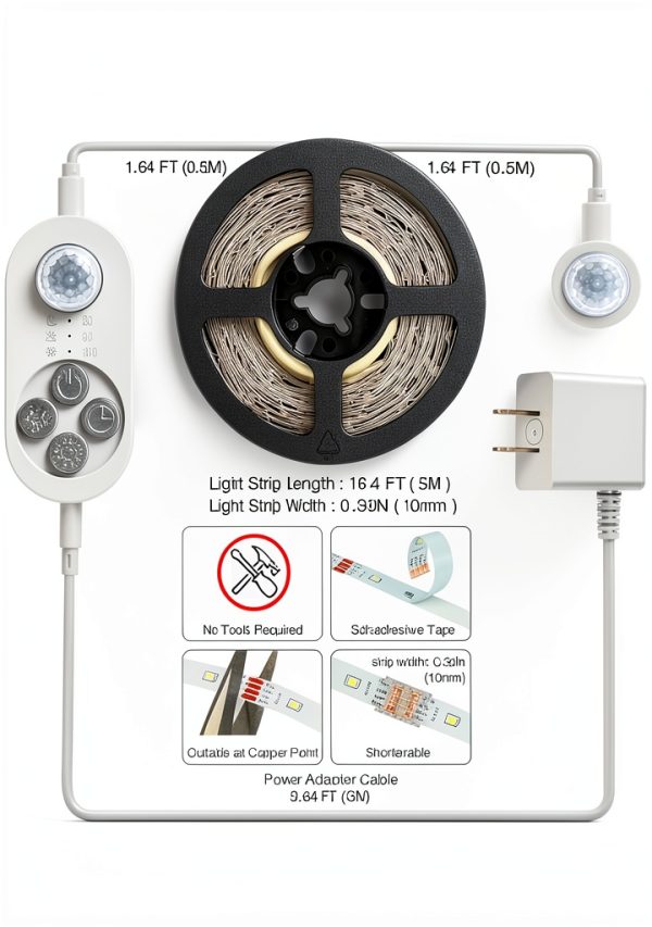 Dual Sensor Stair Lights Indoor, Motion Activated Plug-in Step Light Strip Indoor with Dimmer, Delay Timer for Stairway (Warm White 3000K (16.4FT Light Strip), Power Adapter (9.84FT Cable))-6