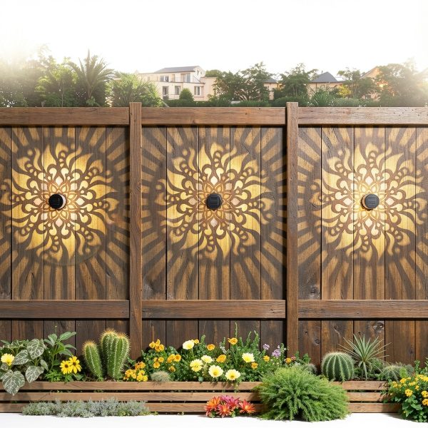 Solar Fence Lights 2 Pack Outdoor Deck Step Wall Lights Metal Waterproof LED Warm Yellow Light for Garden Post Patio Backyard Yard Decor (Mandala-2, 2)-1